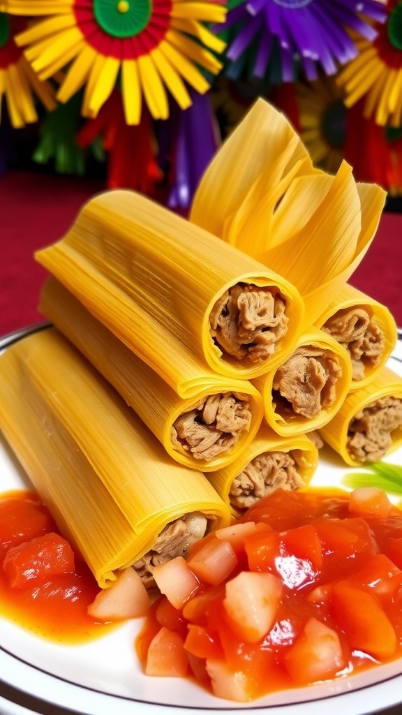 A plate of steaming pork tamales in corn husks with a side of salsa, decorated for a festive look.